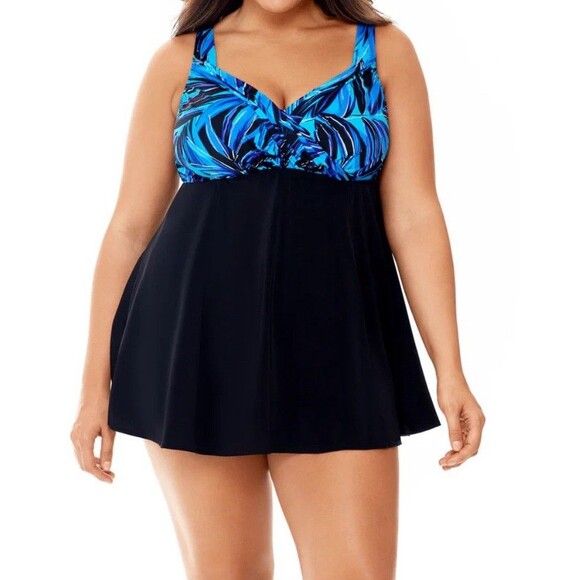 Longitude Tropical Blue and Black Swim Dress - Picture 1 of 12